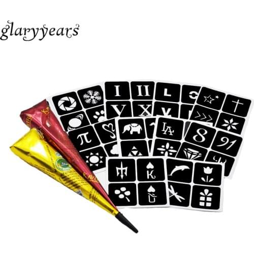 12 Pieces/set Including Stencil and Black Brown Henna Paste Cone for Body Painting Small Henna Tattoo Stencil Templates Stickers