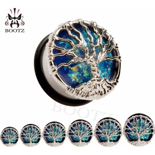 Wholesale Price Life Tree Blue Opal Ear Gauges Stainless Steel Piercing Tunnels Body Jewelry Expanders Fashion Earrings 28PCS