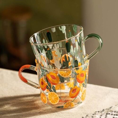 500ml Yellow Peach Cactus Glass Tea Milk Cups with Scale Coffee Mug Party Creative Drinkware Tumbler Water Cups Cute Cup