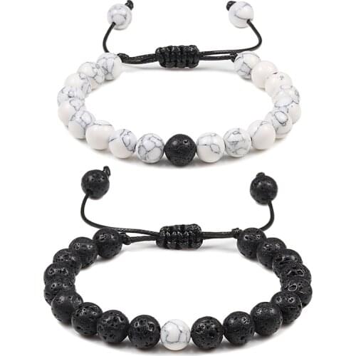 Adjustable Couples Distance Beaded Bracelets Natural Stone Lava Matte White Black Braided Bracelet for Men Women Gifts Pulseiras