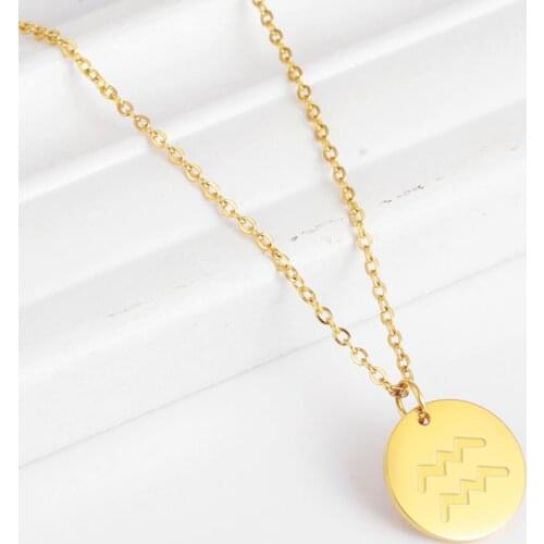 Cazador Twelve Constellation Round Pendant Necklace for Women Girl Stainless Steel Leo Taurus Cancer Libra Zodiac Chain Necklace