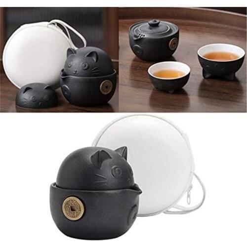 Travel Ceramic Tea Set Cat Series Portable Travel Portable Ceramic Tea Set with Tea Pot Tea Cups Travel Bag,Chinese Kung Fu Cups