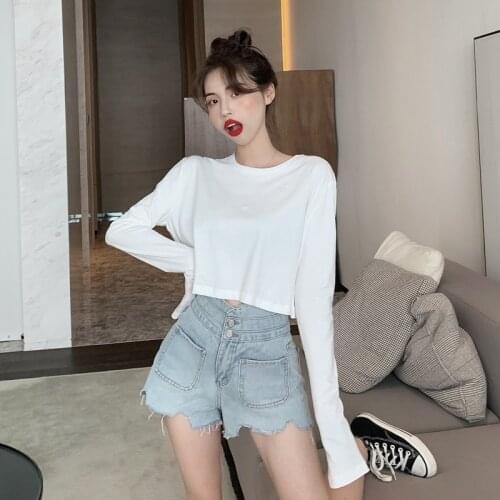 Long Sleeve T-Shirts For Teens Solid Loose Crop Top Female Sexy New Leisure Girls T-Shirt Korean Stylish All-Match Chic AA5793