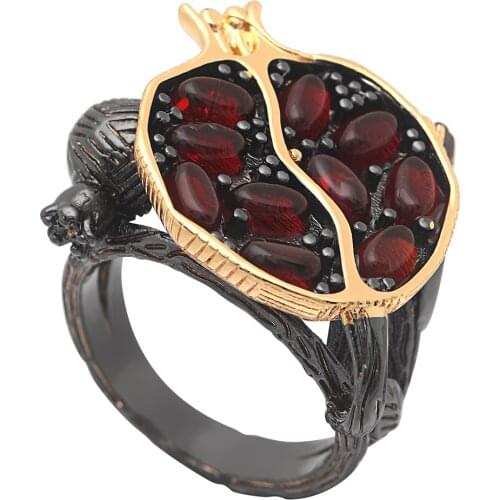 Hainon Vintage Round Gold Color Natural Red Garnet Ring Crystal Rhinestone Leaf bague Pomegranate Jewelry Rings for Women