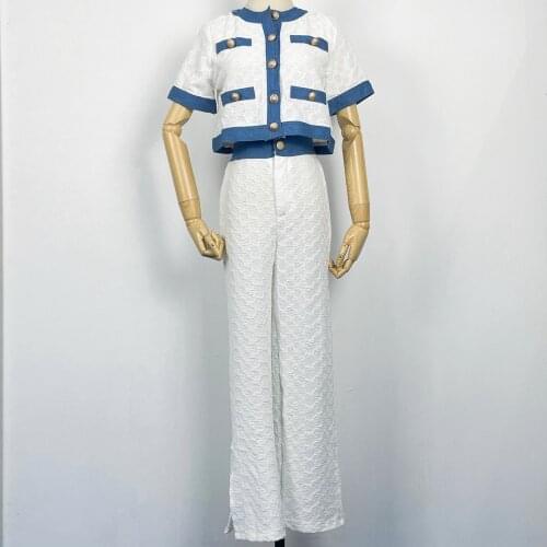 Casual Matching Sets O Neck Short Sleeve Cardigan Single-breasted Coat Tops Shirts Contrast Patchwork Split White Wide Leg Pants