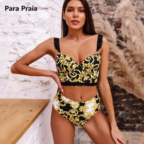 Para Praia Vintage Print Bikini Set Female Sexy Lace String Swimsuit Women Bandeau Bikini High Waist Beachwear Swimwear