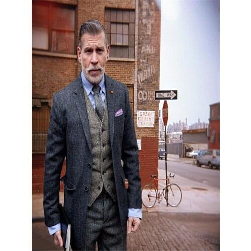 Grey Tweed Men Suit Winter Classic Suit Men Elegant Formal Wedding Suits For Men Retro Costume Homme 3 Pieces Traje Hombre Suits