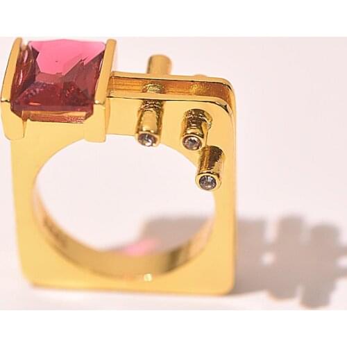MENGYI Elegant Square Design Men Women Rings Inlay Red Zircon Geometric Irregularity Ring Golden Fashion Jewelry Gift