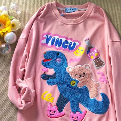 Cartoon Bear Dinosaur Embroidery Sweatshirt Long Sleeve Tops Fashion Teens Clothes Kawaii Girl Harajuku Brand Design 2021 Winter