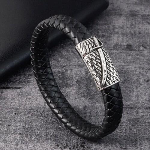 LAMEMDEE Punk Men Jewelry Leather Bracelet Stainless Steel Magnetic Clasp Braided Retro Wristband Christmas Surprise Gift