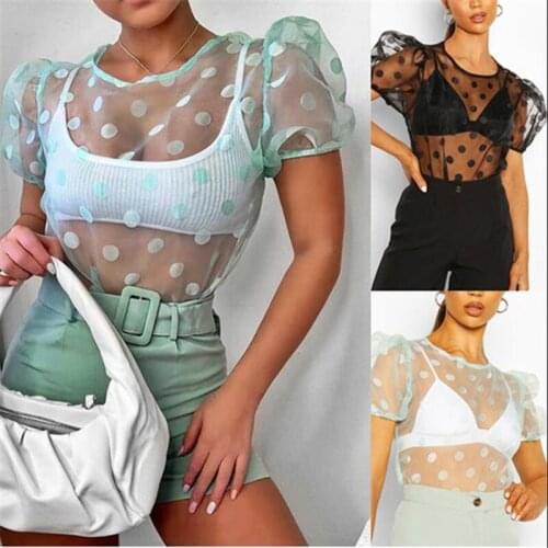 2020 New Fashion Trendy Women Summer Mesh Sheer Short sleeve Pullover Top Sexy See Through Polka Dot T Shirts O Neck Famales Tee