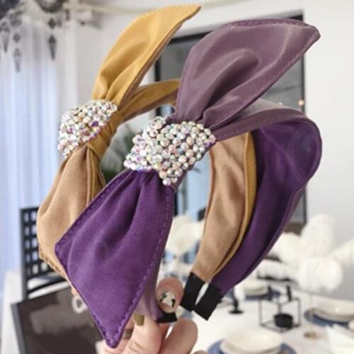 Side Bowknot PU Leather Hairband Crystal for Women Hair Accessories Big Bow Crystal Head Band Adults Headwear Bow Hairband Solid