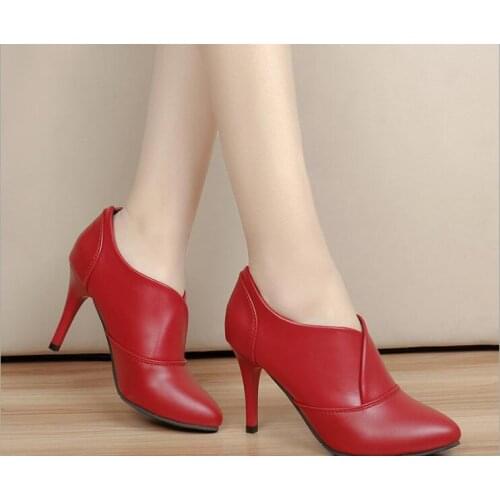 Autumn Winter Women Bare boots High Heels Dress Shoes Pointed Toe Boots Black Red shoes sexy Thin Heels Pumps Woman Shoes