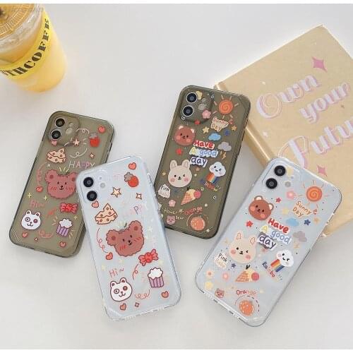 Cheese Bear And Doodle Sun Transparent Case For iPhone 12 11 Pro Max Mini 7 8 Plus XR X SE 2020 TPU Soft Cover Funda