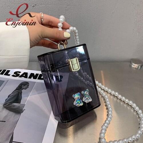 Colorful Acrylic Fashion Purses and Handbags for Women Bear Pattern Party Clutch Pearl Chain Crossbody Bag Designer Shoulder Bag