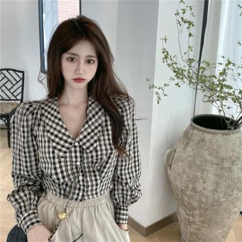 Doll Collar Long Sleeve Plaid Overshirt Womens Autumn Puff Sleeve Short Shirt Blouse Women Blusas Ropa De Mujer