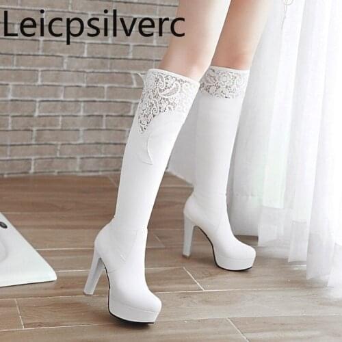 Womens Boots winter The New fashion Round head Hollow Lace Lace-up Thick heel High heel Womens High Boots plus size 32-43