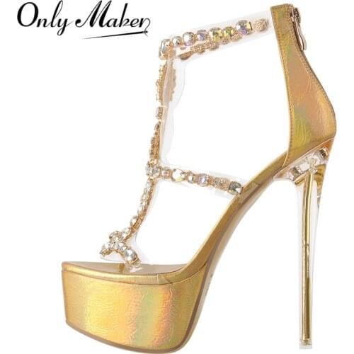 Onlymaker 2021 Fashion Transparent Metal Thin High Heel Platform Sandals Women Summer Crystal Metal Bordered Narrow Strap PVC