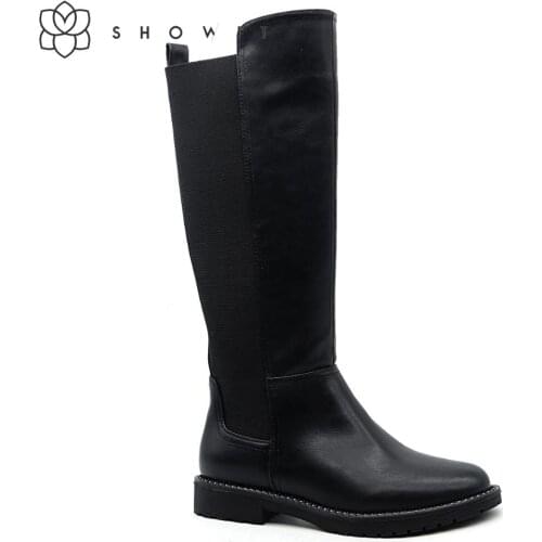 Pretty Fall Women’s mid-calf boots antiskid knee high Female shoes New autumn and winter pu leather with elastic lady footwear