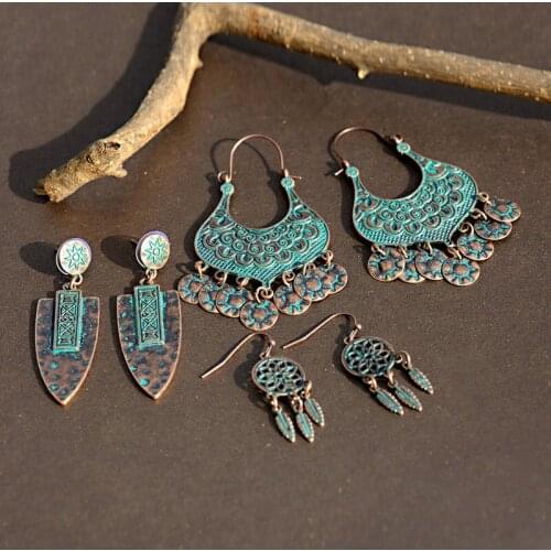 Bohemian Ethnic Bronze Green Flower Tassel Drop Earrings Women Femmes Pendientes Statement Gypsy Jewelry Dreamcatcher Earring