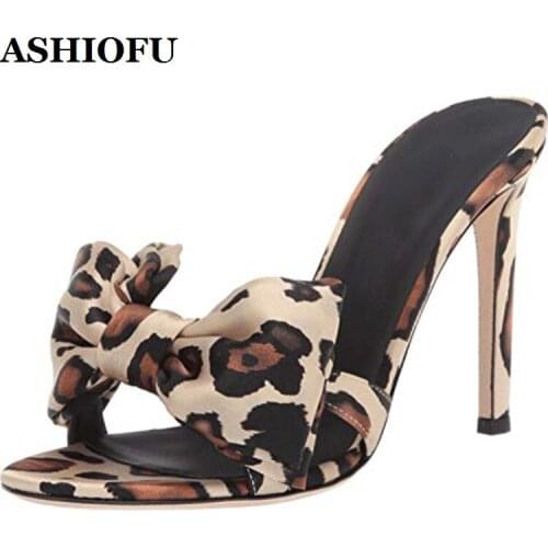 ASHIOFU Handmade New Style Ladies High Heels Slippers Sexy Leopard Bow-tie Party Prom Shoes Evening Slides Fashion Slipper Shoes