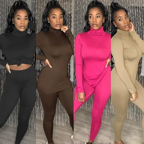 Women Outfits Turtleneck Long Sleeve Bodycon T Shirt Leggings 2 Two Piece Set Women Fall Streetwear Tracksuit Matching Sets