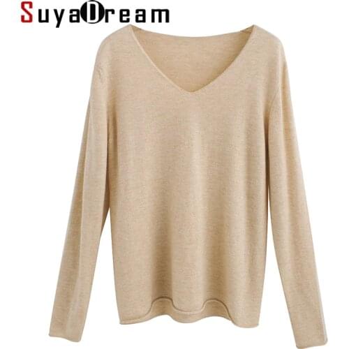 SuyaDream woman Color Wool sweaters 100%Wool V neck Pullovers Solid Basic Sweaters 2020 Fall Winter Shirts