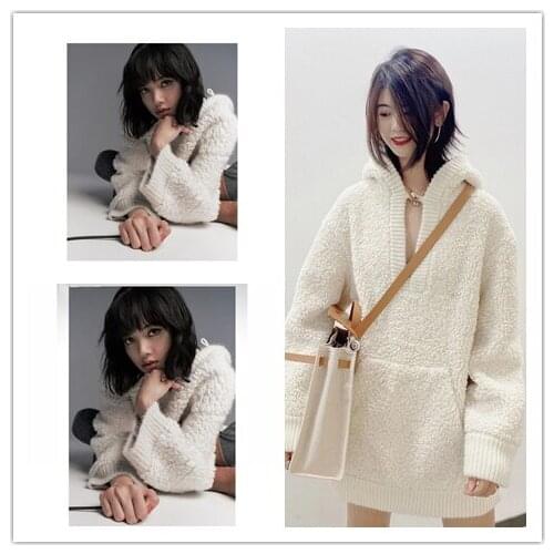 Kpop Korean Lisa New Knitted Hooded Sweaters Women Winter Warm Elegant Cashmere Pullovers Coat V-neck Long Sleeve Female Jumpers