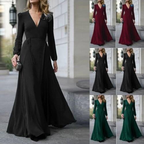 Women Dress Sexy Formal Maxi V-Neck Long Sleeve Solid Color Bandage Office Ladies Evening Party Prom Gown Elegant Ruffle Clothes