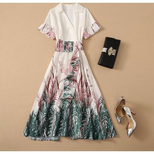 New 2021 Summer Style Dress High Quality Women V-Neck Chic Prints Wide Belt Deco Short Sleeve Mid-Calf Length Large Swing Dress