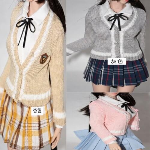 1/6 Female soldiers clothes Campus style Sweater cardigan Plaid pleated skirt 3 color bow badge fits fit 12'' Action figures