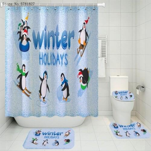3/4 Pieces Seal Penguin Carpet Cover Toilet Cover Bath Mat Pad Set Glacier Animals Bathroom Curtain For Teen Shower Curtain Sets