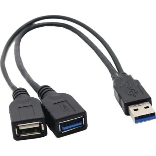 30CM USB 3.0 1 Male to Dual USB Female Data Hub Power Adapt Extra Power Data Y Extension Cable for 2.5" Mobile Hard Disk
