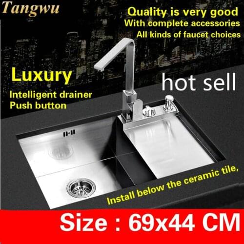Free shipping Luxury push button intelligent drainer kitchen manual sink single trough 304 stainless steel hot sell 690x440 MM