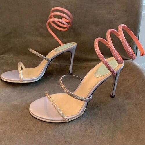 Ankle Strap Beading Dress Sandals Women Stiletto Crystal High Heel Shoes Silver red Wedding Shoes Summer Party Sandals for Women