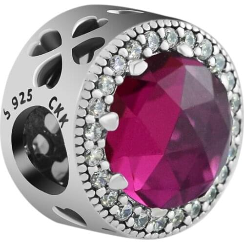 Fandola CKK 100% 925 Sterling-Silver Radiant Rose Heart Beads ,Cerise Crystals Fits for Pandora Charms Silver 925 Original