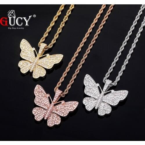 GUCY Animal Butterfly Pendant Necklace Iced Out Tennis Chain AAA Cubic Zircon Mens Women Hip Hop Rock Jewelry For g