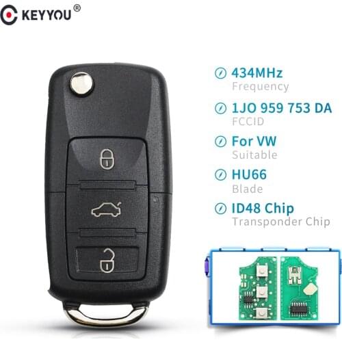 KEYYOU Flip Key Car Smart Remote Key Fob For VW Volkswagen PASSAT Polo Skoda Seat 1J0959753DA 3 Buttons 434Mhz With ID48 Chip