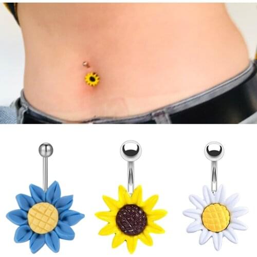 1PCS Stainless Steel Sunflower Navel Stud Belly Button Piercing Ring Bent Barbells Belly Piercing Nombril WomenS Body Jewelry