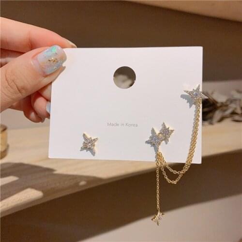 Korean Gold Color Long Tassel Star Meteor Pendant Shining Crystal Drop Stud Earrings Cuff For Women Gifts Fashion Jewelr