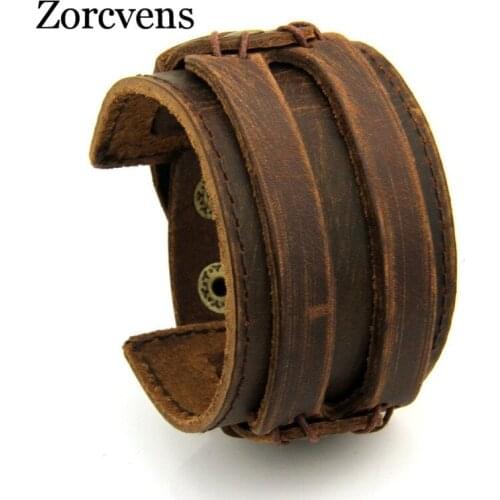 Modyle Leather Cuff Double Wide Bracelet and Rope Bangles Brown for Men Fashion Man Bracelet Unisex Jewelry
