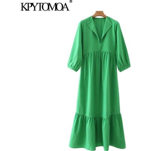 KPYTOMOA Women 2021 Chic Fashion Ruffled Hem Frilled Midi Dress Vintage V Neck Three Quarter Sleeve Female Dresses Vestidos