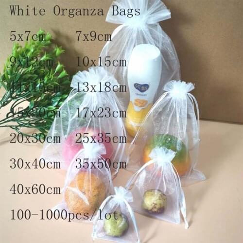 100 Pcs/Lot White Organza Jewelry Bags Drawstring Pouches Small Gift Packaging Bags Travel Bags Wedding Party Candy Bags