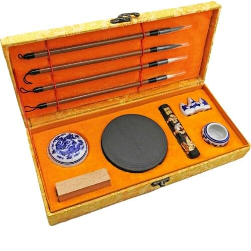 10PCS Chinese Traditional Calligraphy Set with Writing Brush Washer Holder Inkstone Ink Stick Seal Inkpad for Beginners Lovers