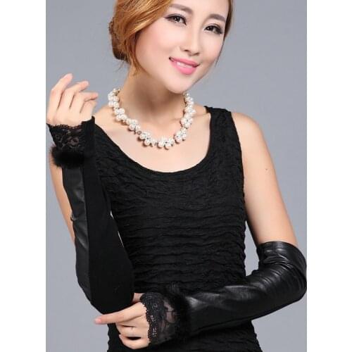 Genuine Leather gloves female winte warm half-finger glove Rex Rabbit fur leather lace flowemittens sleeve set arm glove free