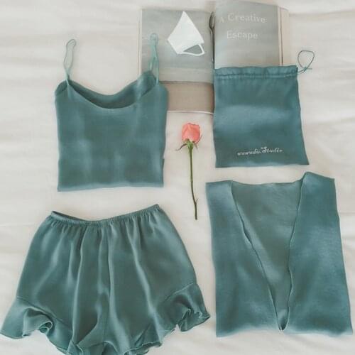 JULYS SONG New 4 Pieces Woman Spring Summer Satin Faux Silk Pajamas Set Sling Pajamas Luxury Sleepwear Long Sleeves Homewear