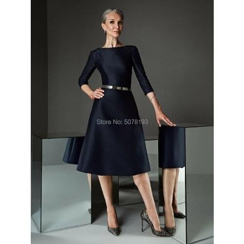 New in fashion black o-neck u-back half sleeves knee-length A-line mother dresses/formal gowns for wedding metal belt appliques