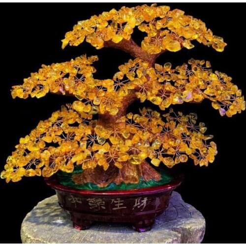2020 Bring in wealth Good Luck Home Shop Company Money Drawing Yellow crystal Gold Pachira money Tree FENG SHUI statue talisman