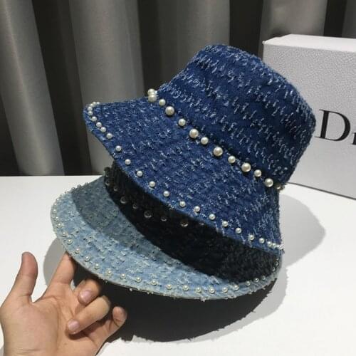 Luxury Designer Denim Bucket Hat with Pearls for Women Fisherman Caps Jean Bob Cap Streetwear Sun Protection Panama Hats