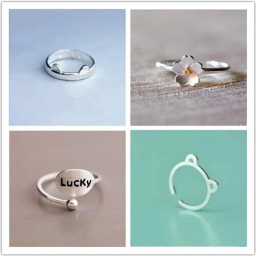 S925 Silver Cat Adjustable Rings Luck Flower Animal Rings for Women Fashion Wedding Rings